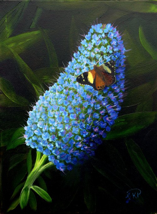 Australian Admiral Butterfly on Blue Flower Original Oil Painting