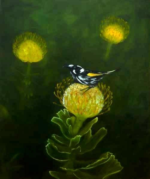 Bird Sitting on a Yellow Protea flower - original oil painting for sale by Artist Garry Purcell