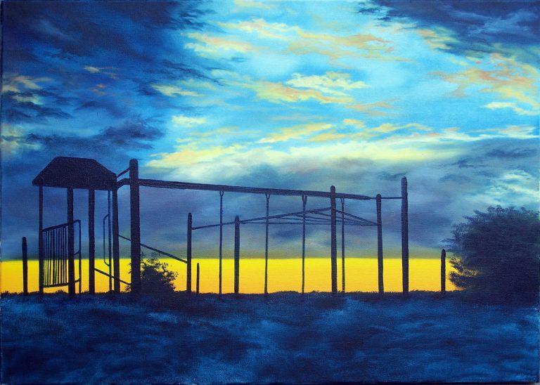 Endeavour Hills Playground Sunset Oil Painting for sale by Australian artist Garry Purcell