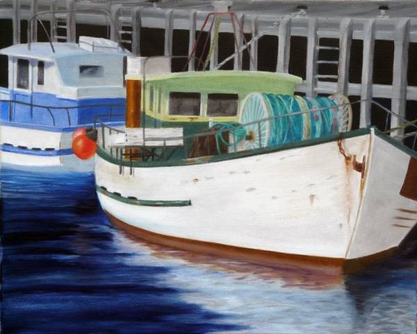 Fishing Boats at San Remo Jetty, Western Port Bay, Victoria Oil Painting for sale by Australian artist Garry Purcell