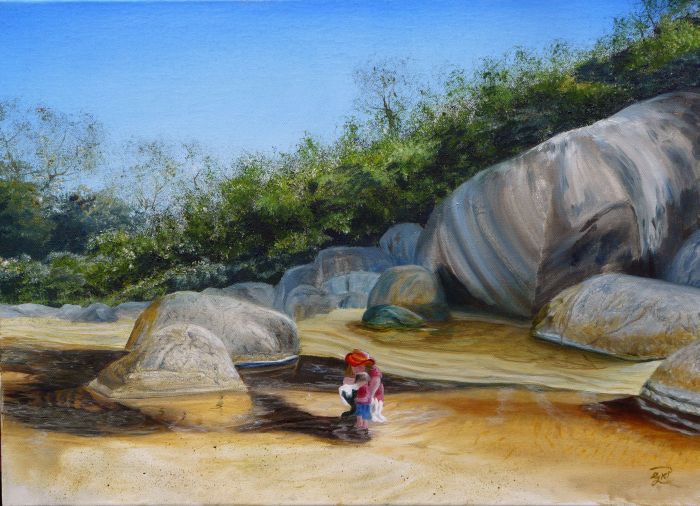 Mother and child playing in a stream at Tidal River Wilsons Promontory – original oil painting for sale