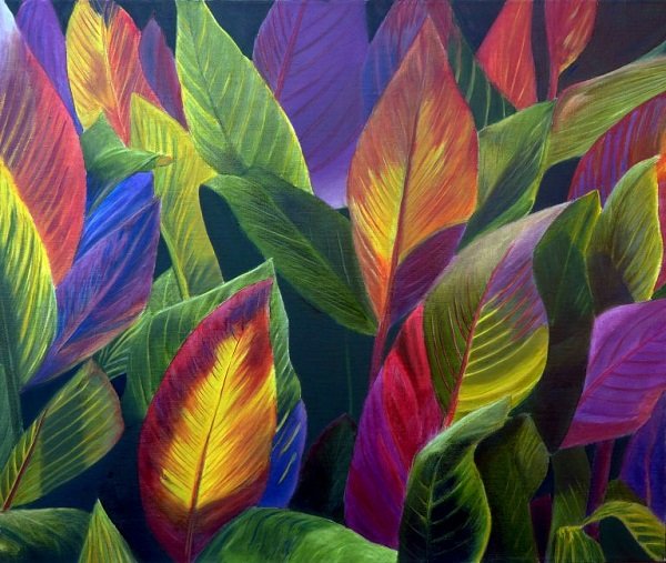 Backlit Canna Leaves Floral Oil Painting by Garry Purcell