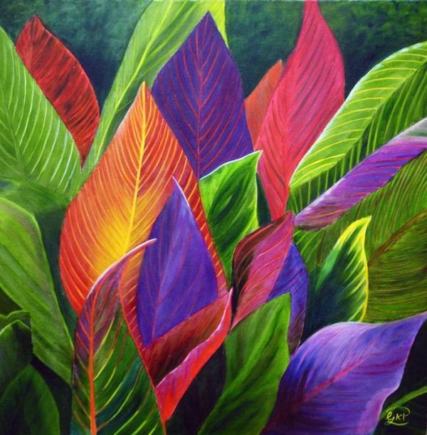 Colourful Backlit Canna Lily Leaves floral oil painting by Garry Purcell